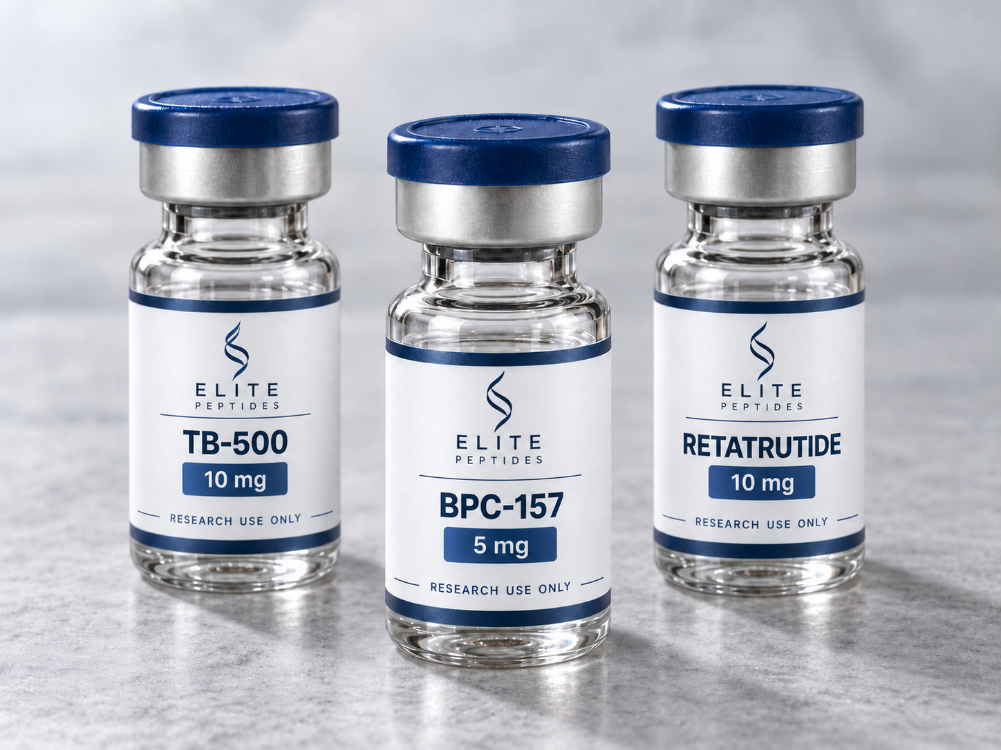 Fictional Elite Peptides brand mockup with a flowing helix logo, refined wordmark, and wraparound labels: TB-500 10 mg, BPC-157 5 mg, and Retatrutide 10 mg